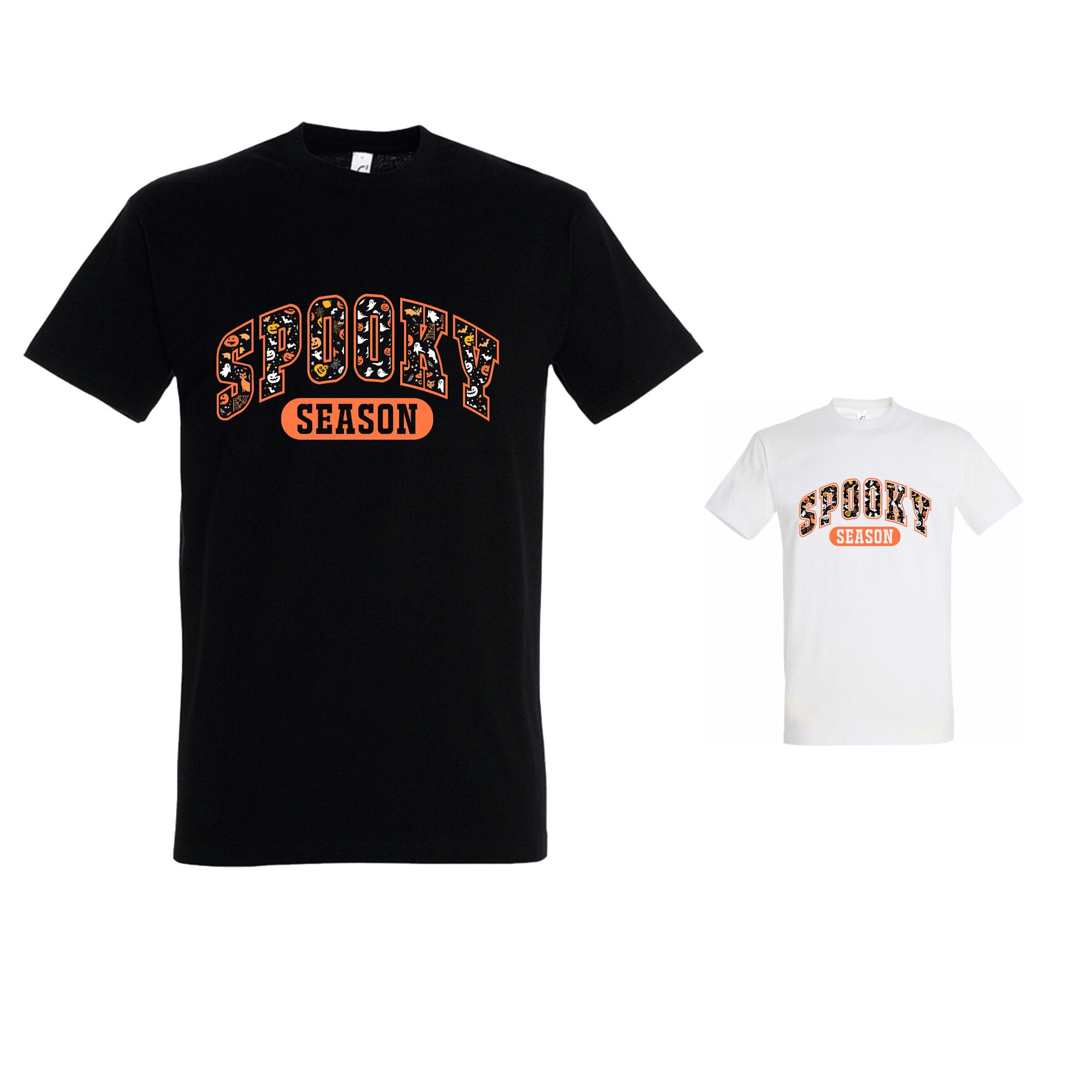 Spooky Season Halloween T-Shirt – Fun Ghost, Pumpkin & Bat Pattern Graphic Tee with Creepy Cute Horror Style Print for Adults and Teens