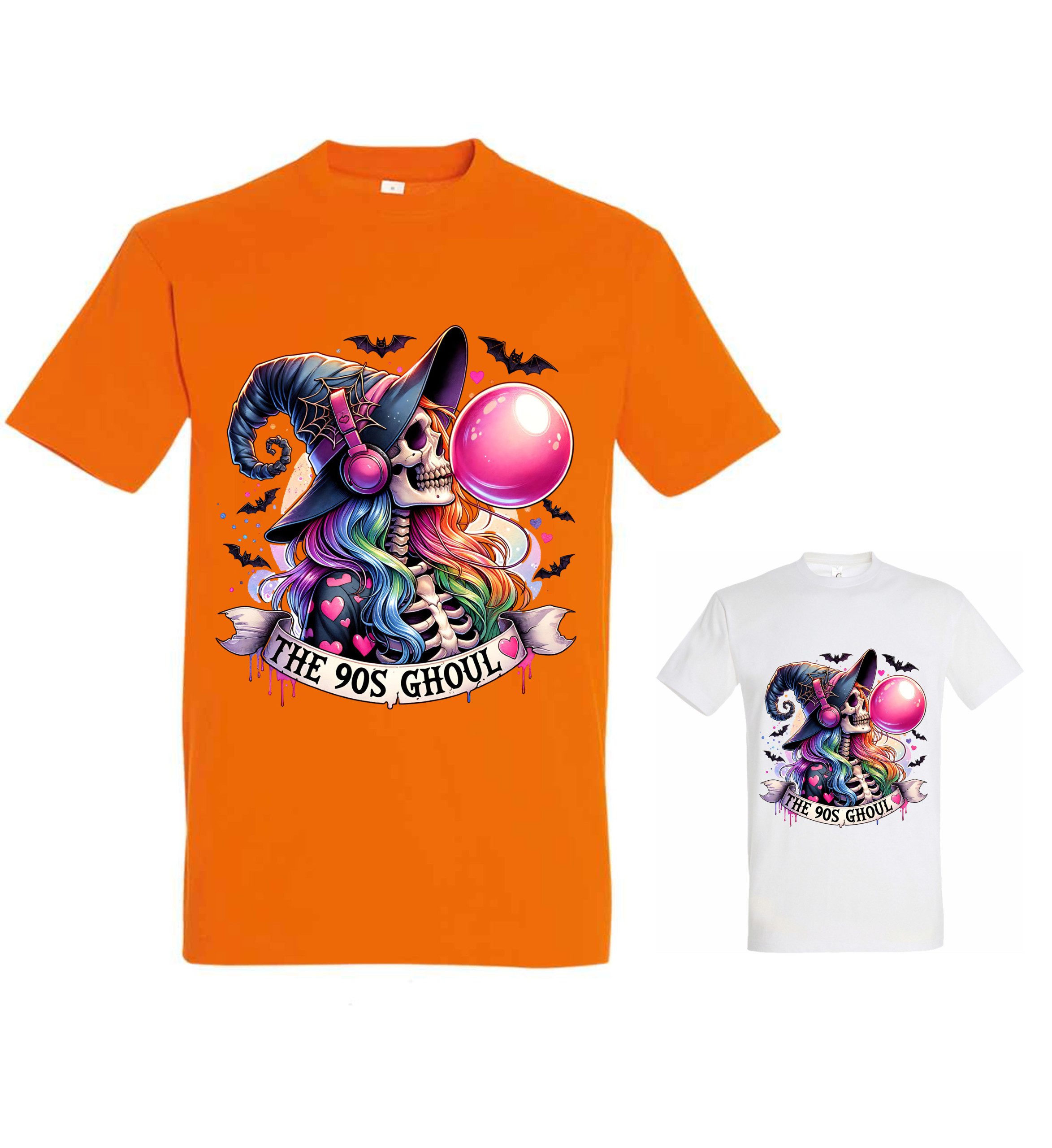 90s Ghoul Halloween T-Shirt – Retro Witch Skeleton with Rainbow Hair, Bubblegum & Bats Spooky Graphic Tee for Adults and Teens