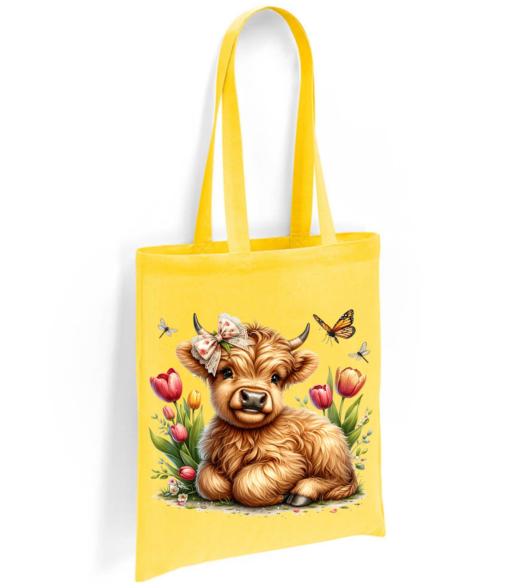 Highland Cow Tote Bag – Cute Calf with Tulips and Bow - Image 10