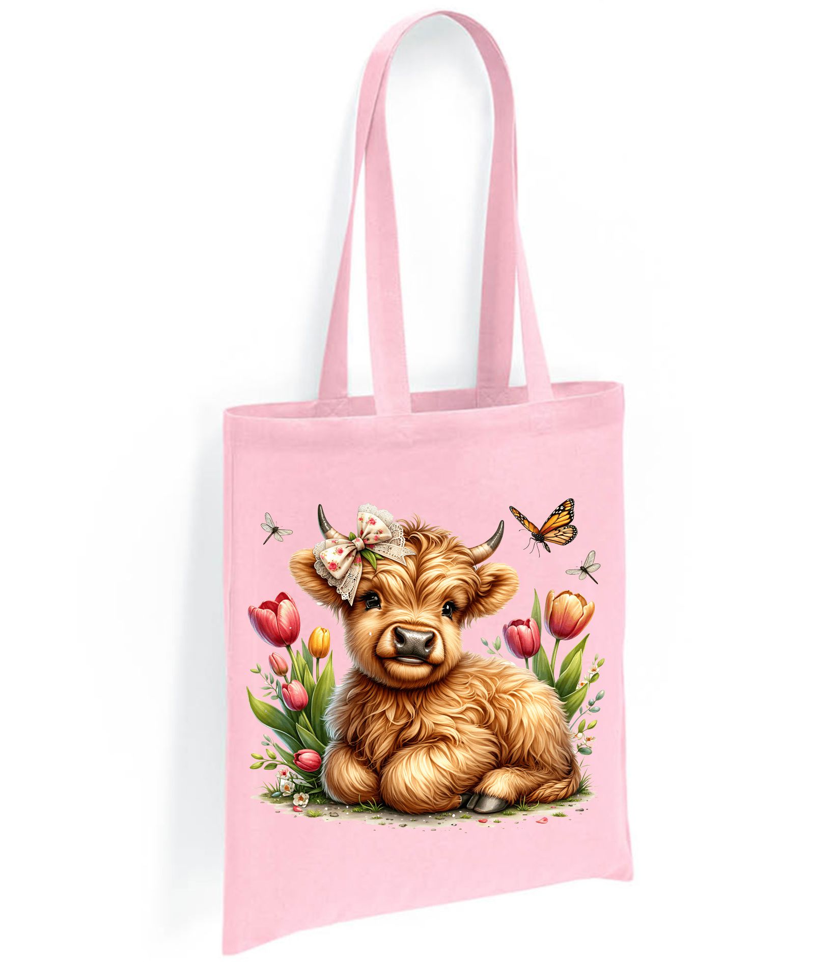 Highland Cow Tote Bag – Cute Calf with Tulips and Bow - Image 9