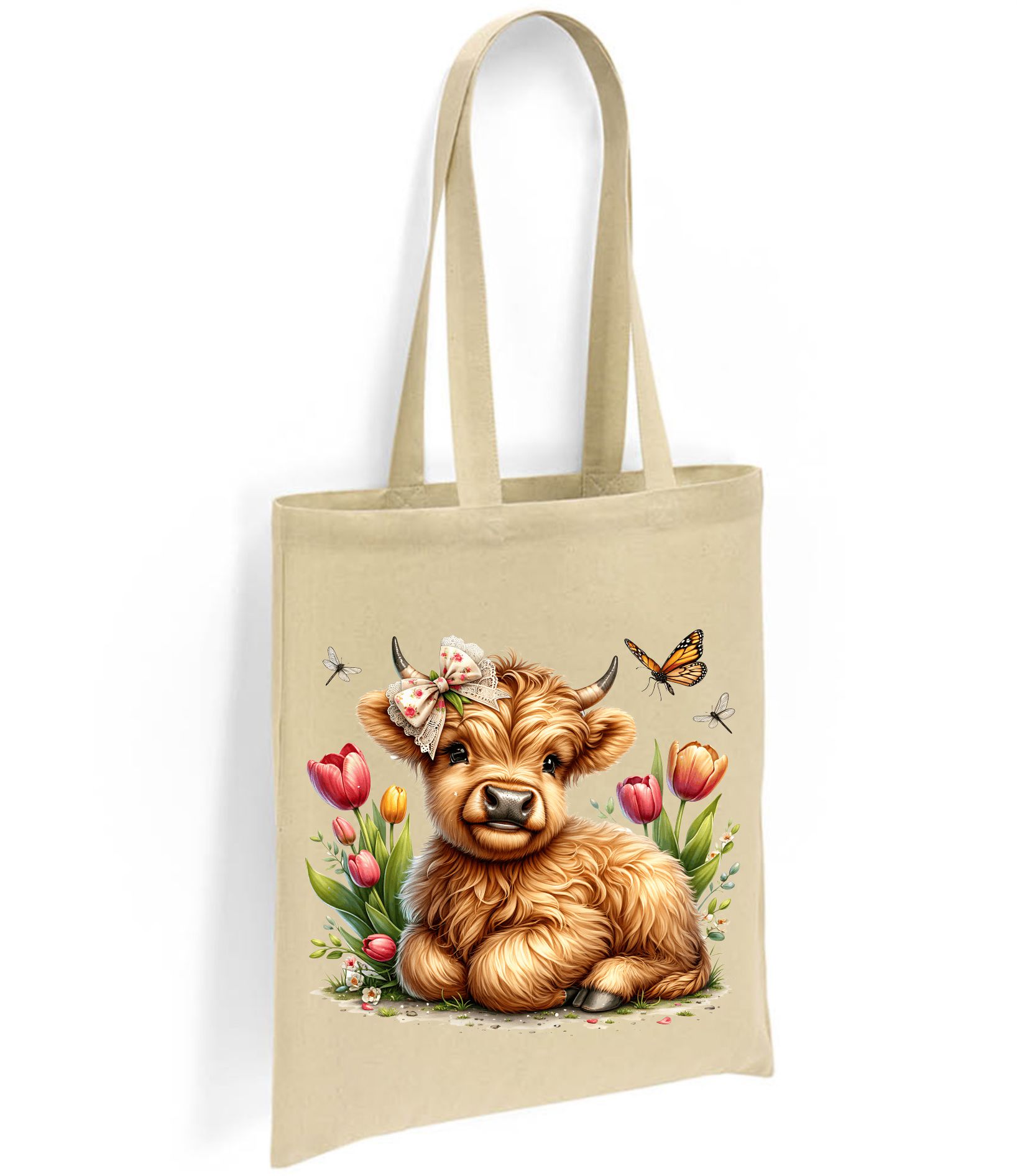 Highland Cow Tote Bag – Cute Calf with Tulips and Bow - Image 14