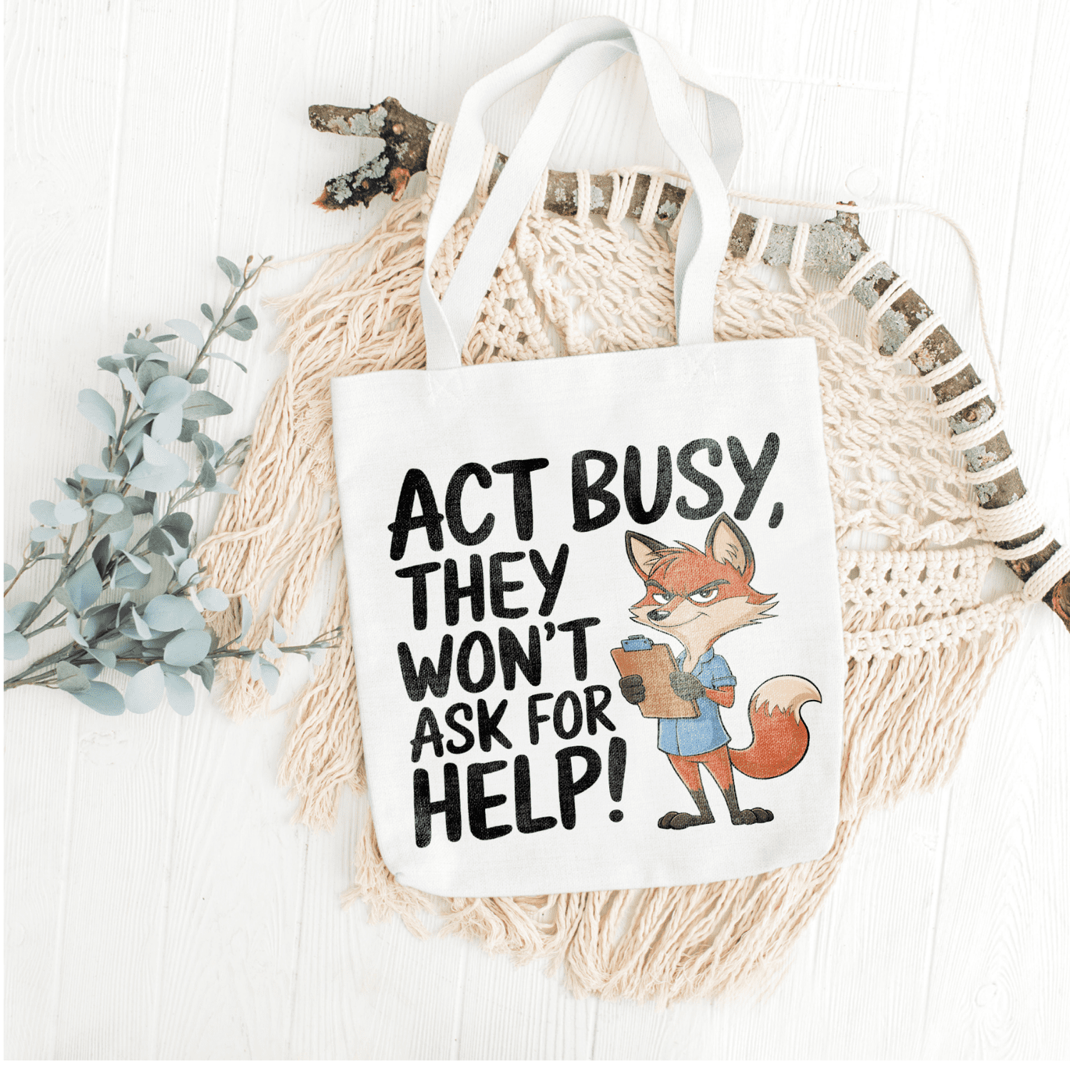 Act Busy Fox Tote Bag – Funny Cartoon Animal with Clipboard Sarcastic Quote Graphic Design for Work, Office Humor & Everyday Use - Image 9