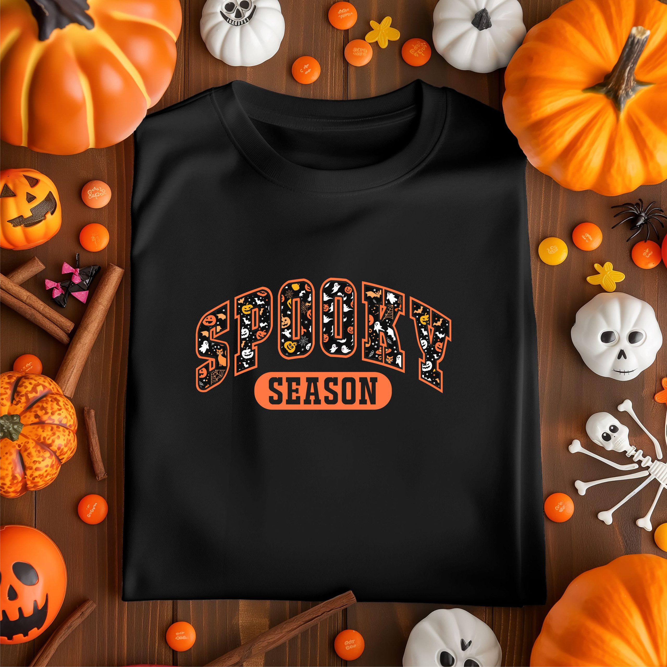Spooky Season Halloween T-Shirt – Fun Ghost, Pumpkin & Bat Pattern Graphic Tee with Creepy Cute Horror Style Print for Adults and Teens - Image 2