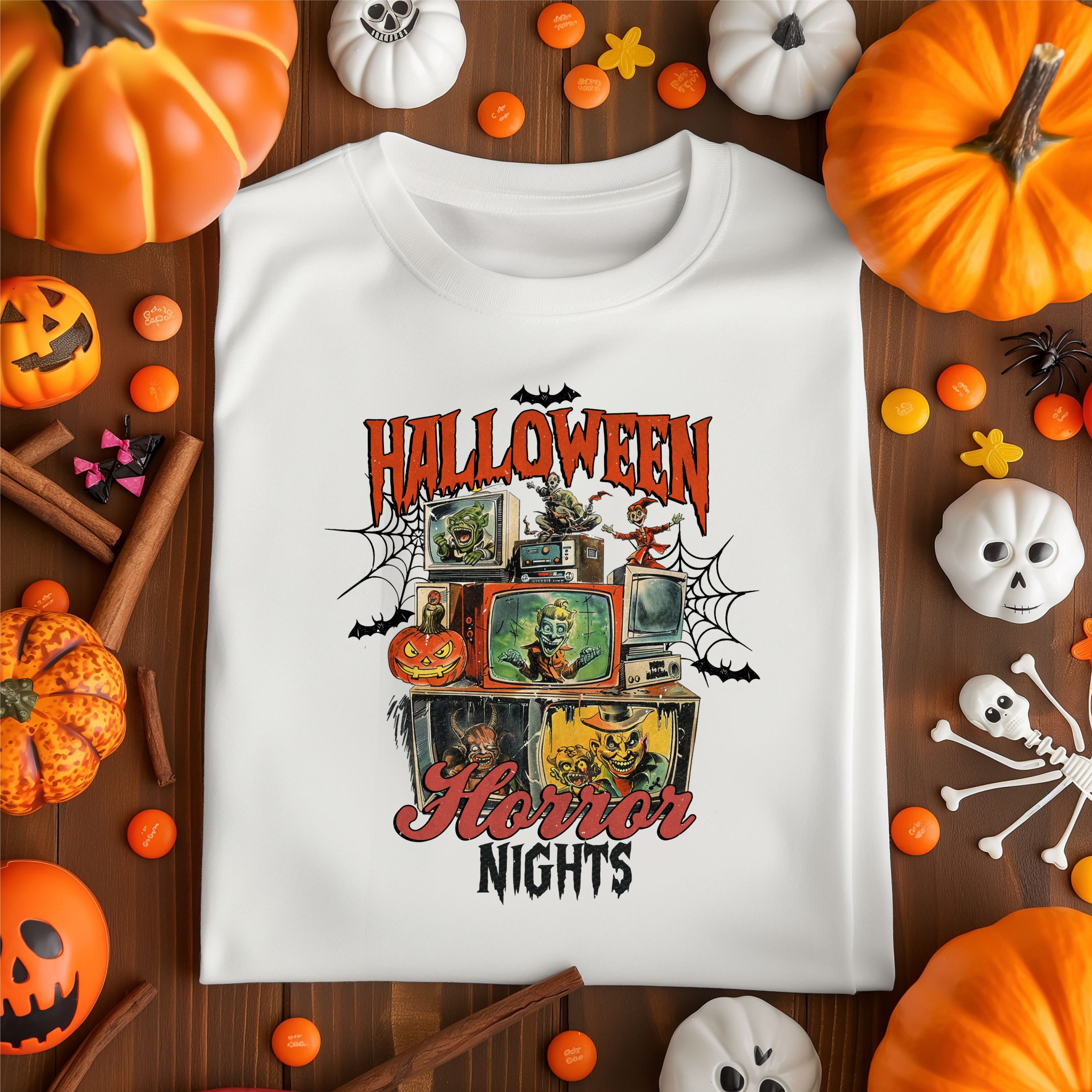 Halloween Horror Nights Graphic T-Shirt – Creepy TV Monsters, Spooky Pumpkin & Haunted Retro Horror Tee for Adults and Teens - Image 3