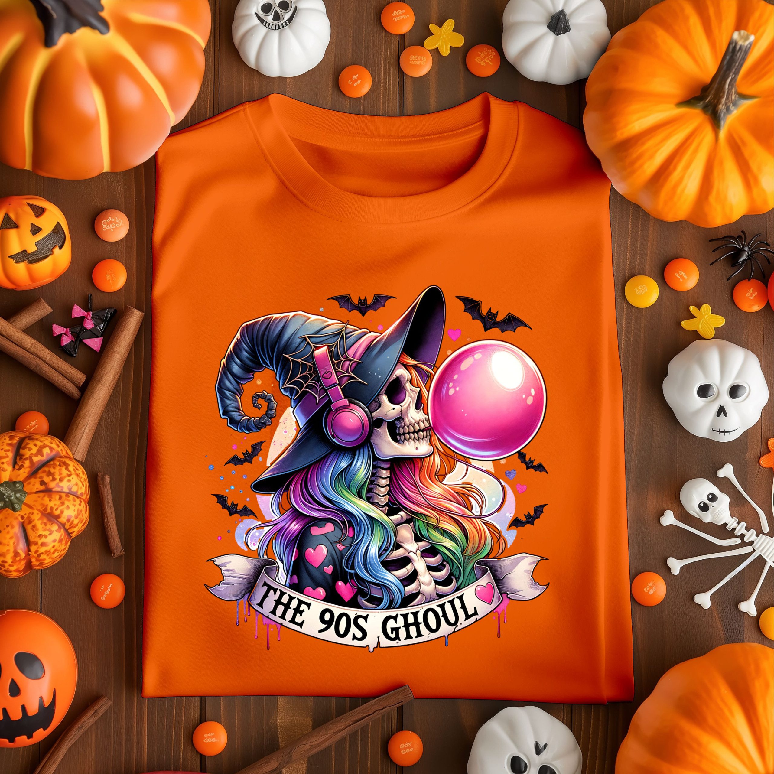 90s Ghoul Halloween T-Shirt – Retro Witch Skeleton with Rainbow Hair, Bubblegum & Bats Spooky Graphic Tee for Adults and Teens - Image 3