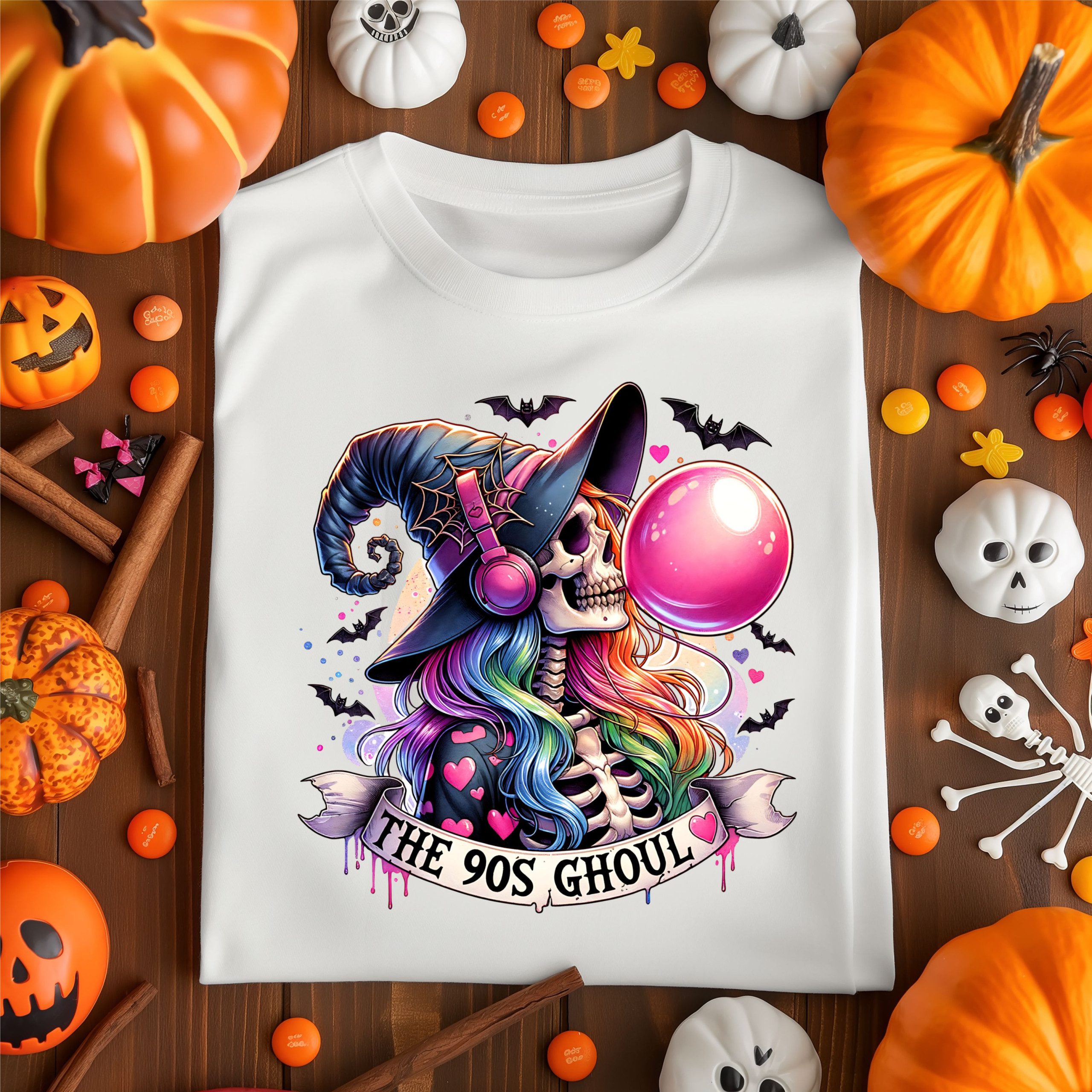 90s Ghoul Halloween T-Shirt – Retro Witch Skeleton with Rainbow Hair, Bubblegum & Bats Spooky Graphic Tee for Adults and Teens - Image 12