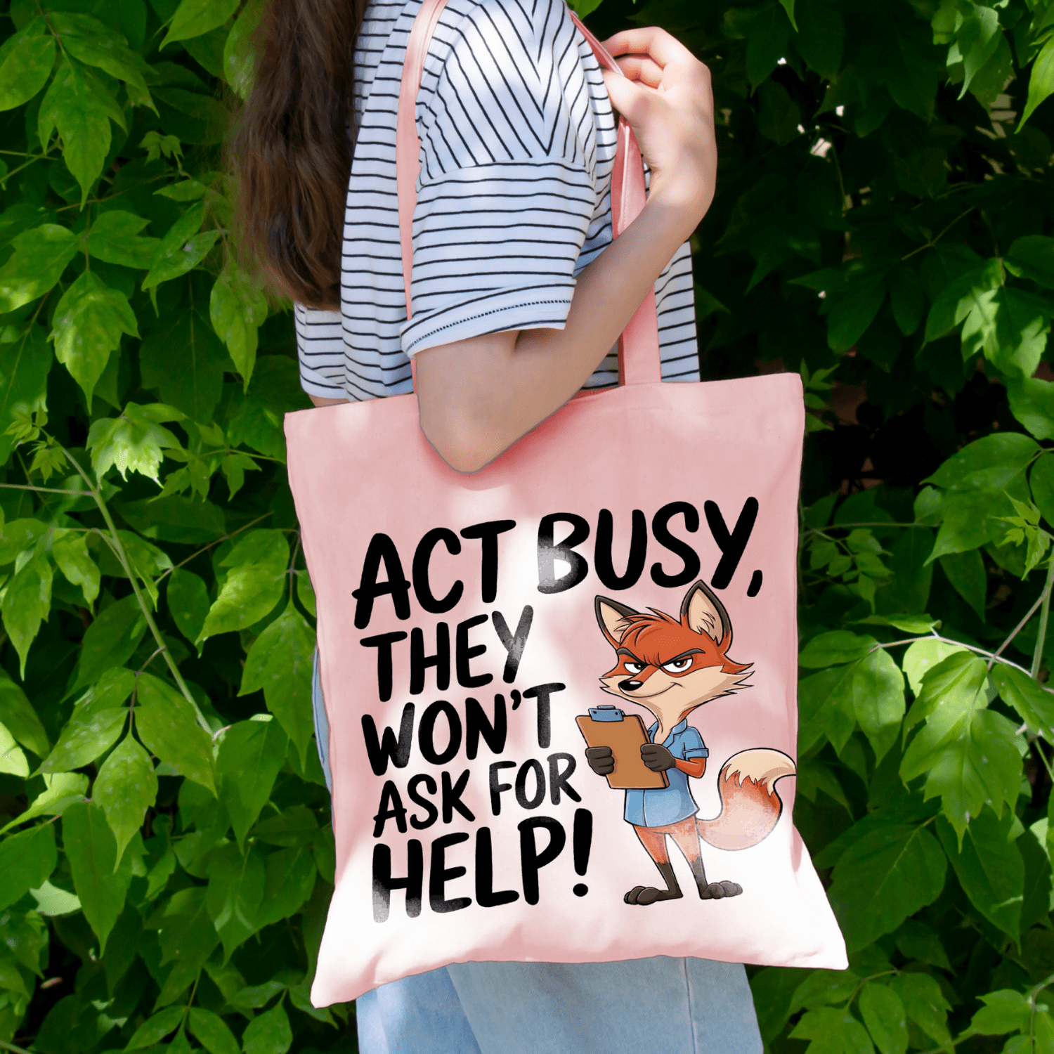 Act Busy Fox Tote Bag – Funny Cartoon Animal with Clipboard Sarcastic Quote Graphic Design for Work, Office Humor & Everyday Use - Image 27
