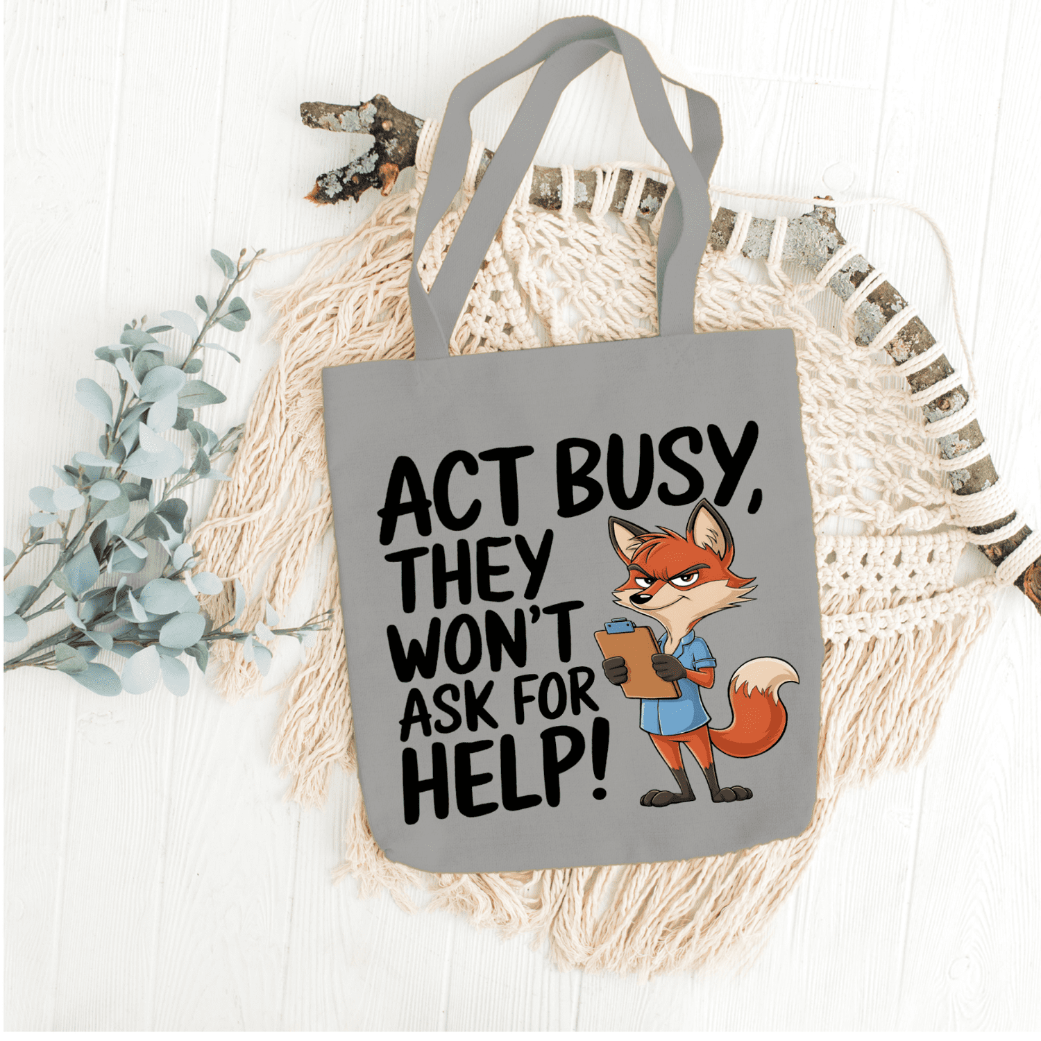 Act Busy Fox Tote Bag – Funny Cartoon Animal with Clipboard Sarcastic Quote Graphic Design for Work, Office Humor & Everyday Use - Image 29