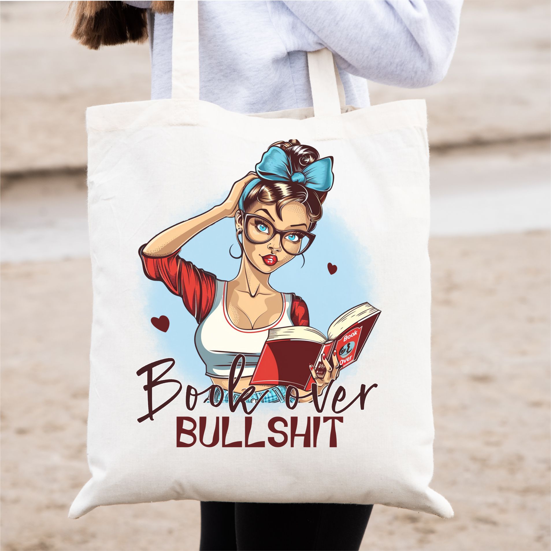 Book Over Bullshit Tote Bag – Retro Pin-Up Girl Reading Graphic Reusable Canvas Shopper, Gift for Everyday Use - Image 8